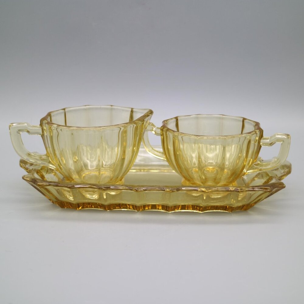 Vintage Amber Citrine Depression Glass Pressed Glass Cream & Sugar Set w/ Tray
